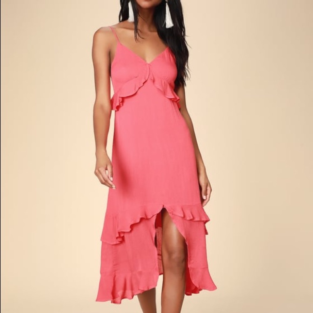 Lulu’s Island Time Coral Pink Ruffle Midi dress